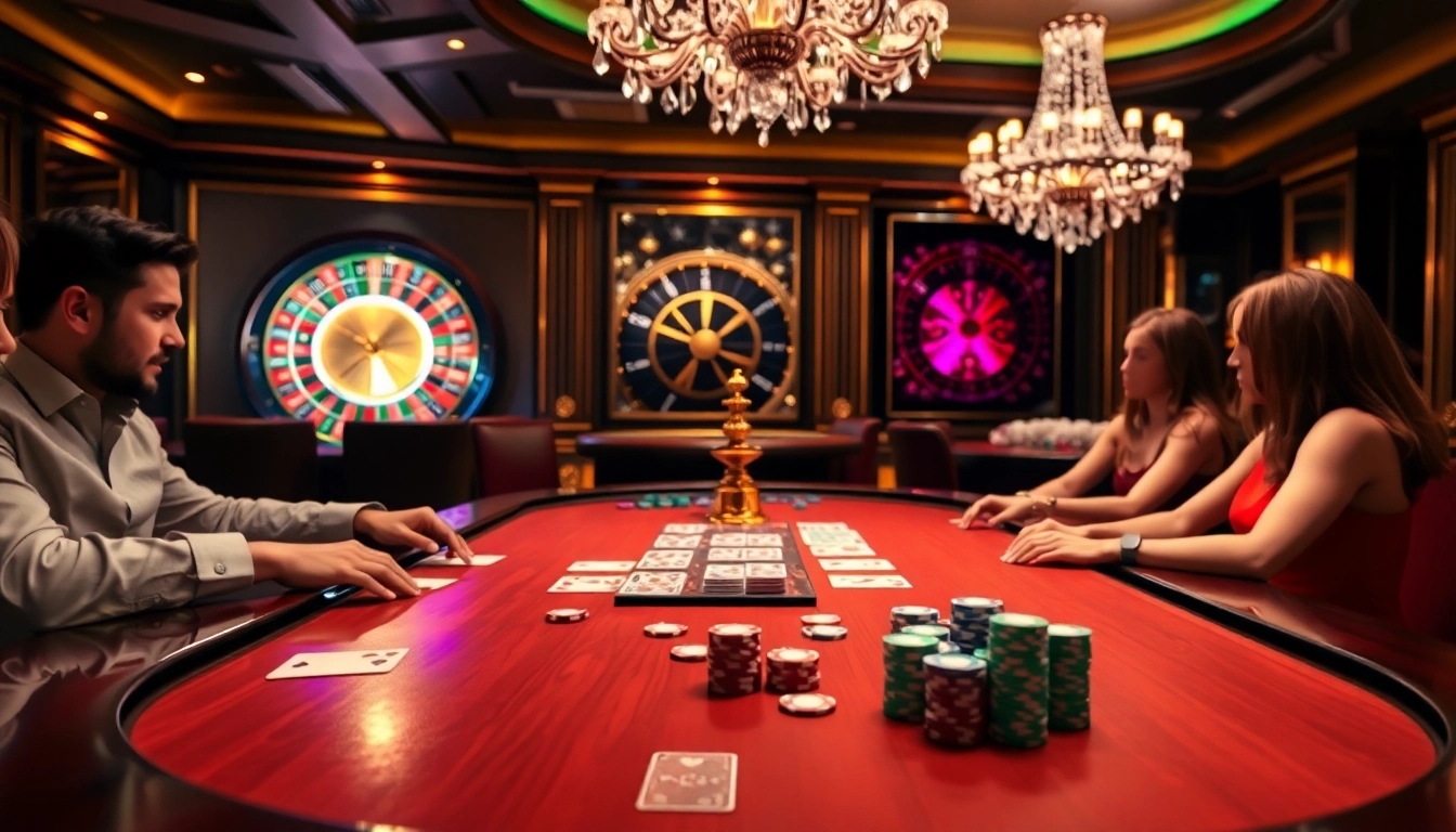 Players enjoying a thrilling poker game at gg88 biz casino, surrounded by luxurious decor.