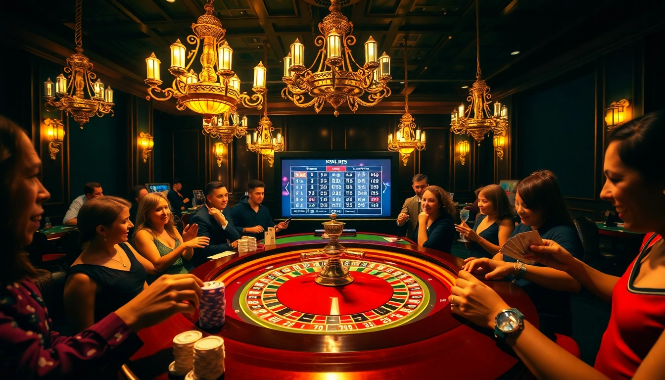 Experience excitement at https://kk55.gratis/ with this luxurious casino scene featuring roulette, players, and vibrant decor.