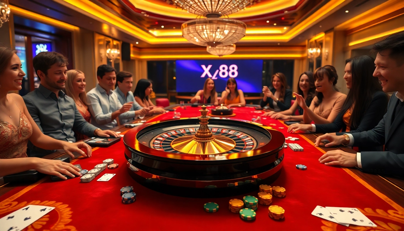Players engaging in a thrilling casino experience at XX88 with roulette and colorful chips.