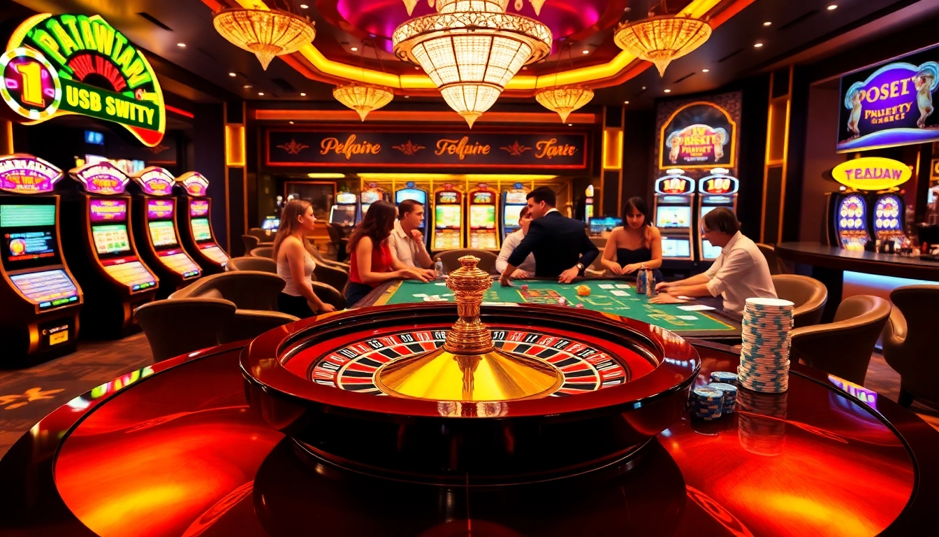 Players enjoying a thrilling casino experience at https://pg88sr.com/, with vibrant roulette and poker tables.