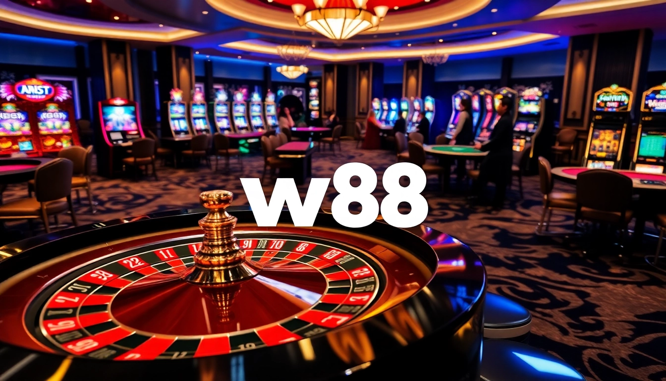 Players enjoy an exciting gambling experience at a casino with W88 branding visible on chips and screens.