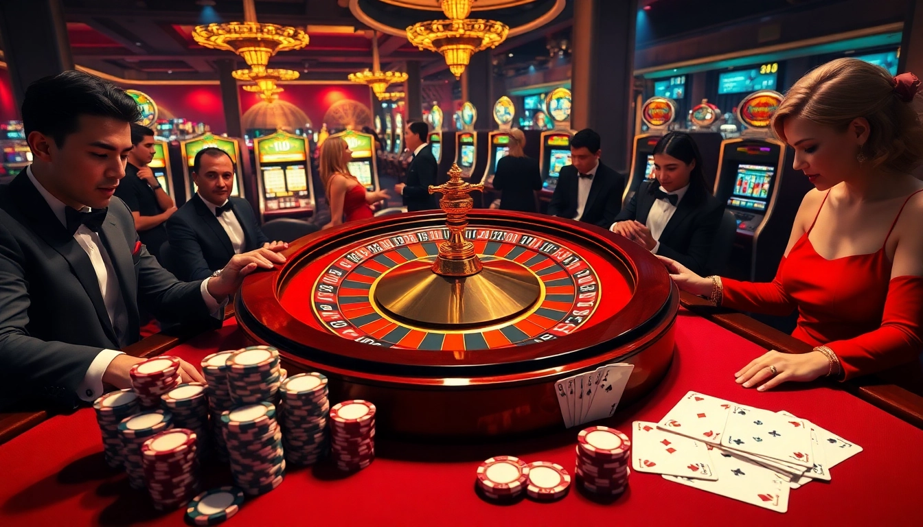 Players engaged in a thrilling roulette game at MB66 Casino, showcasing excitement and luxury.