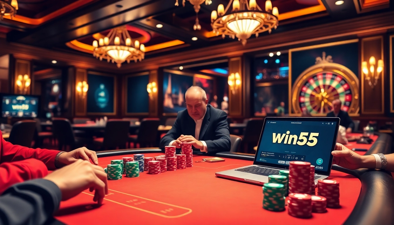 Win55 players strategize at a luxurious poker table with vibrant chips and roulette.
