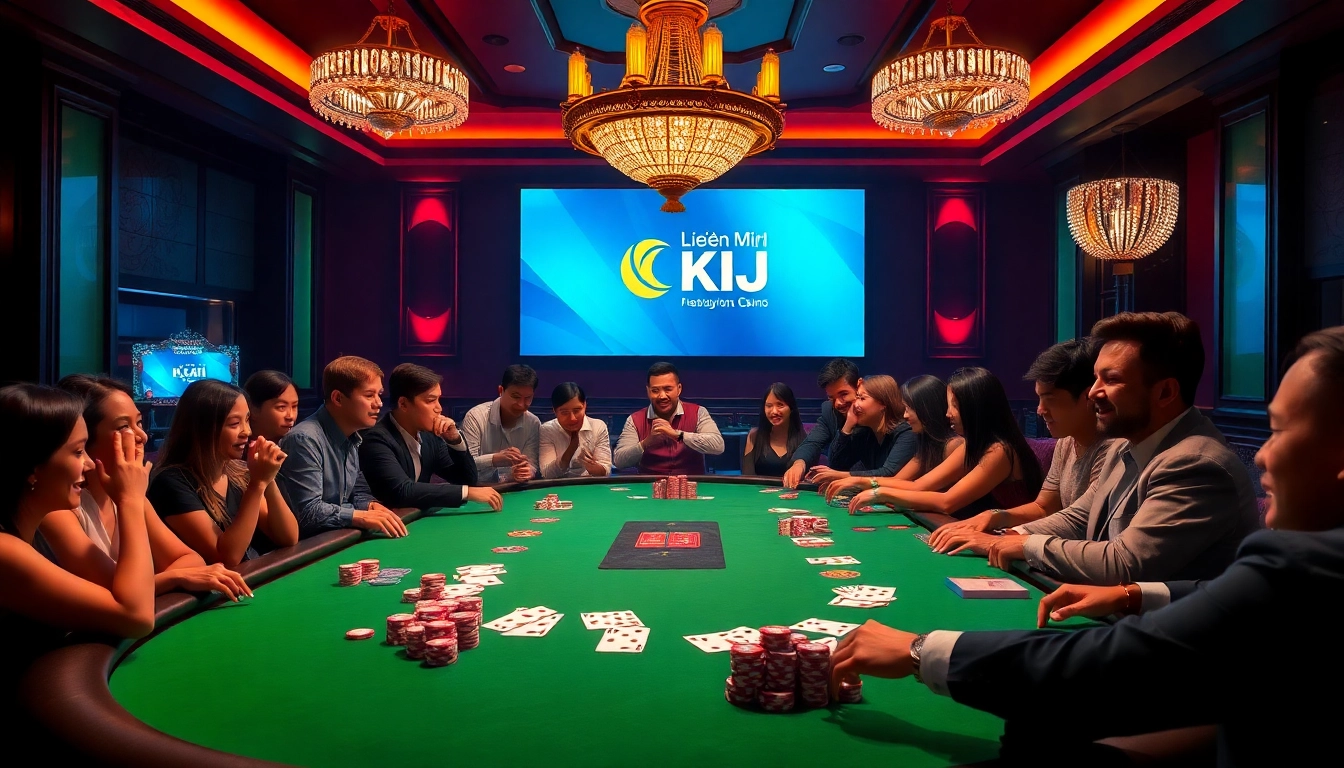 Experience the excitement of Liên Minh KJC at a lavish poker table with players engaged in high-stakes gameplay.