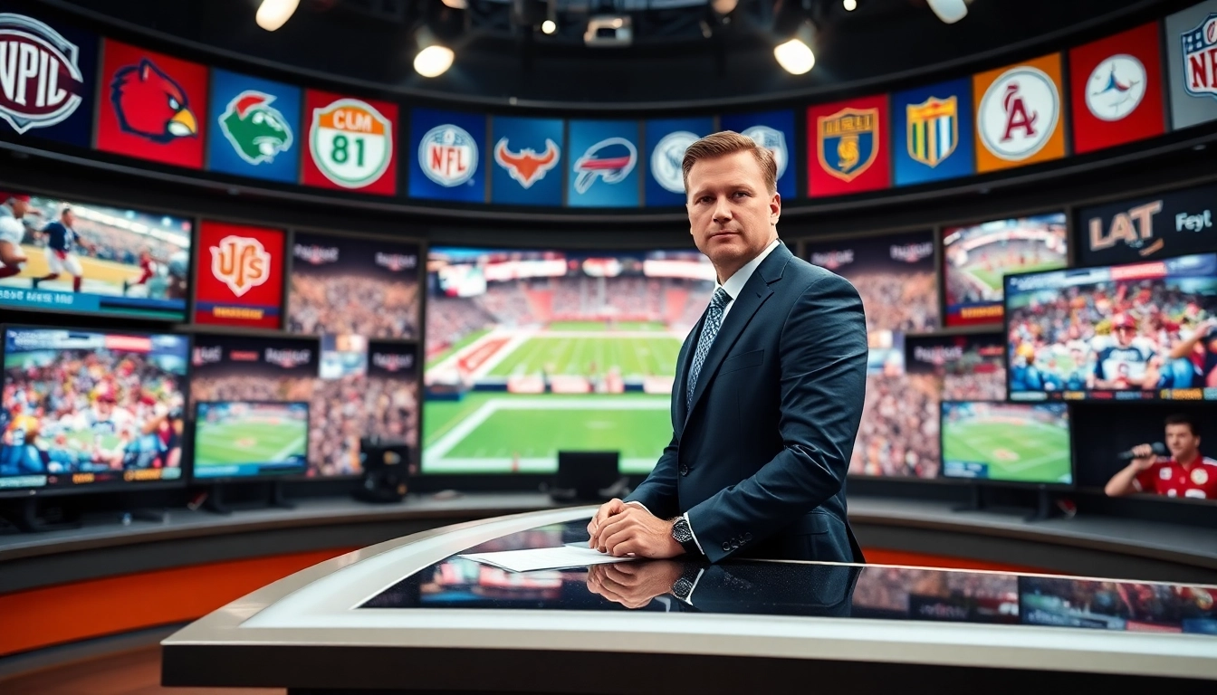 Sports Broadcasting anchor delivering exciting news in a dynamic studio.