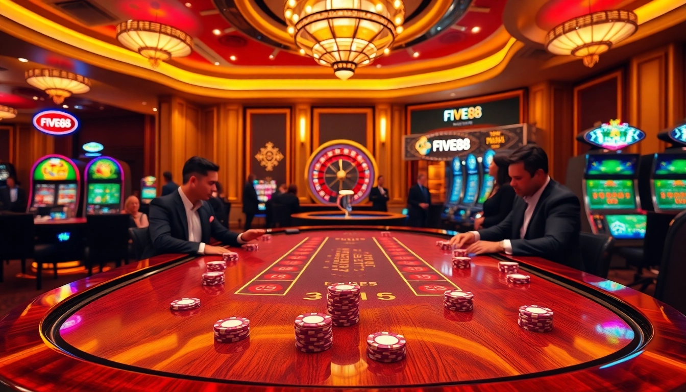 Exciting Five88 casino atmosphere with blackjack tables, poker chips, and roulette wheel