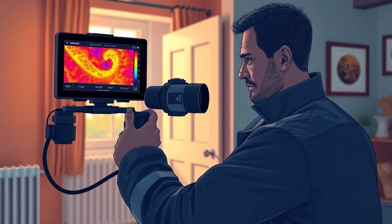 Central heating leak detection technician using thermal imaging technology in a home environment.