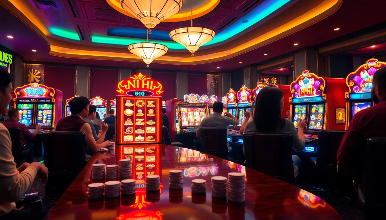 Players enjoying a nổ hũ slot machine in a vibrant casino setting filled with excitement.
