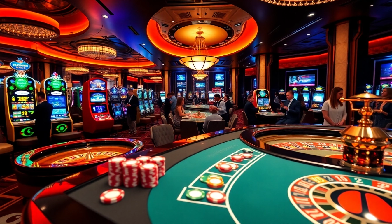 An engaging casino atmosphere at 789F showcasing vibrant gaming tables, modern slot machines, and professional players.