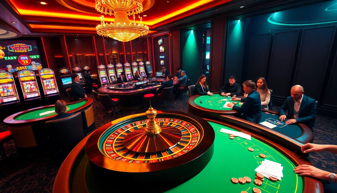 Exciting casino scene with roulette wheel and poker tables, showcasing bet168 net's vibrant atmosphere.