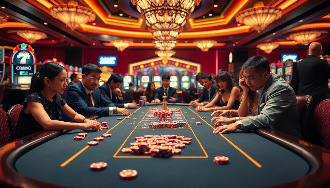 Experience the excitement of gambling at the S8 gaming table surrounded by vibrant slots and poker chips.