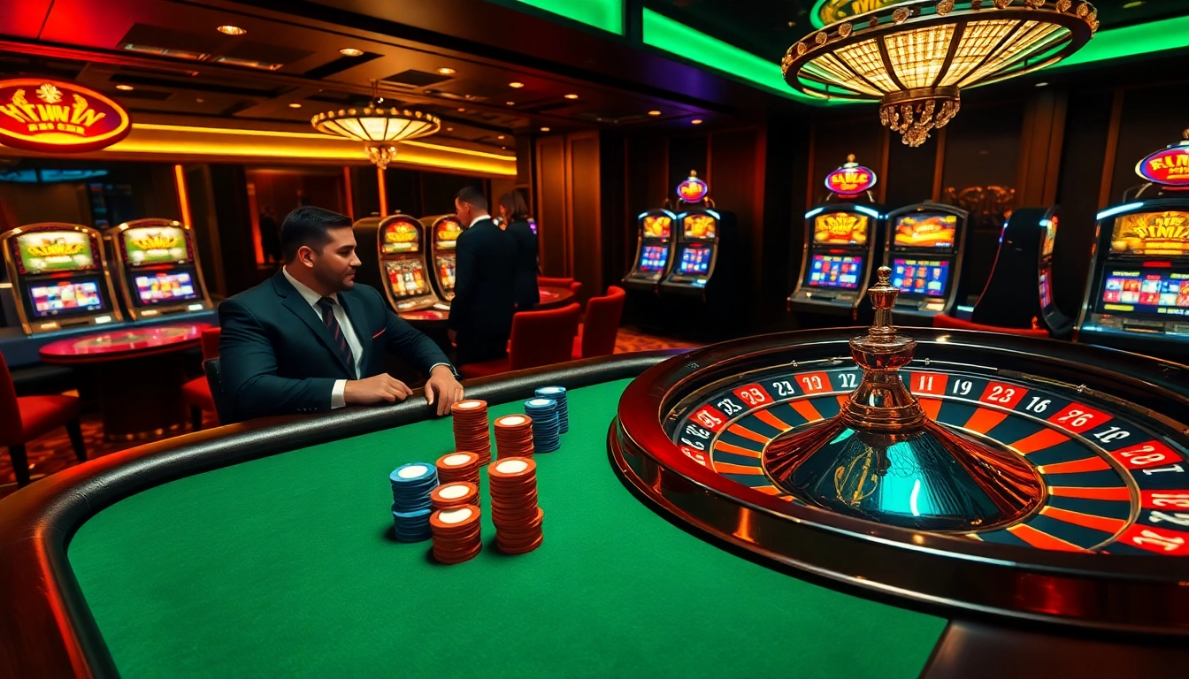 SODO66 casino scene with poker table, roulette wheel, and vibrant slot machines showcasing luxury and excitement.