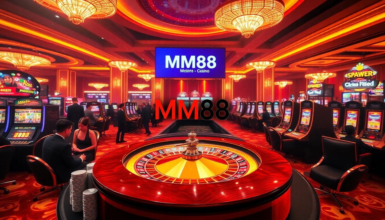 Experience the thrilling casino atmosphere with MM88, featuring roulette, poker tables, and vibrant slot machines.