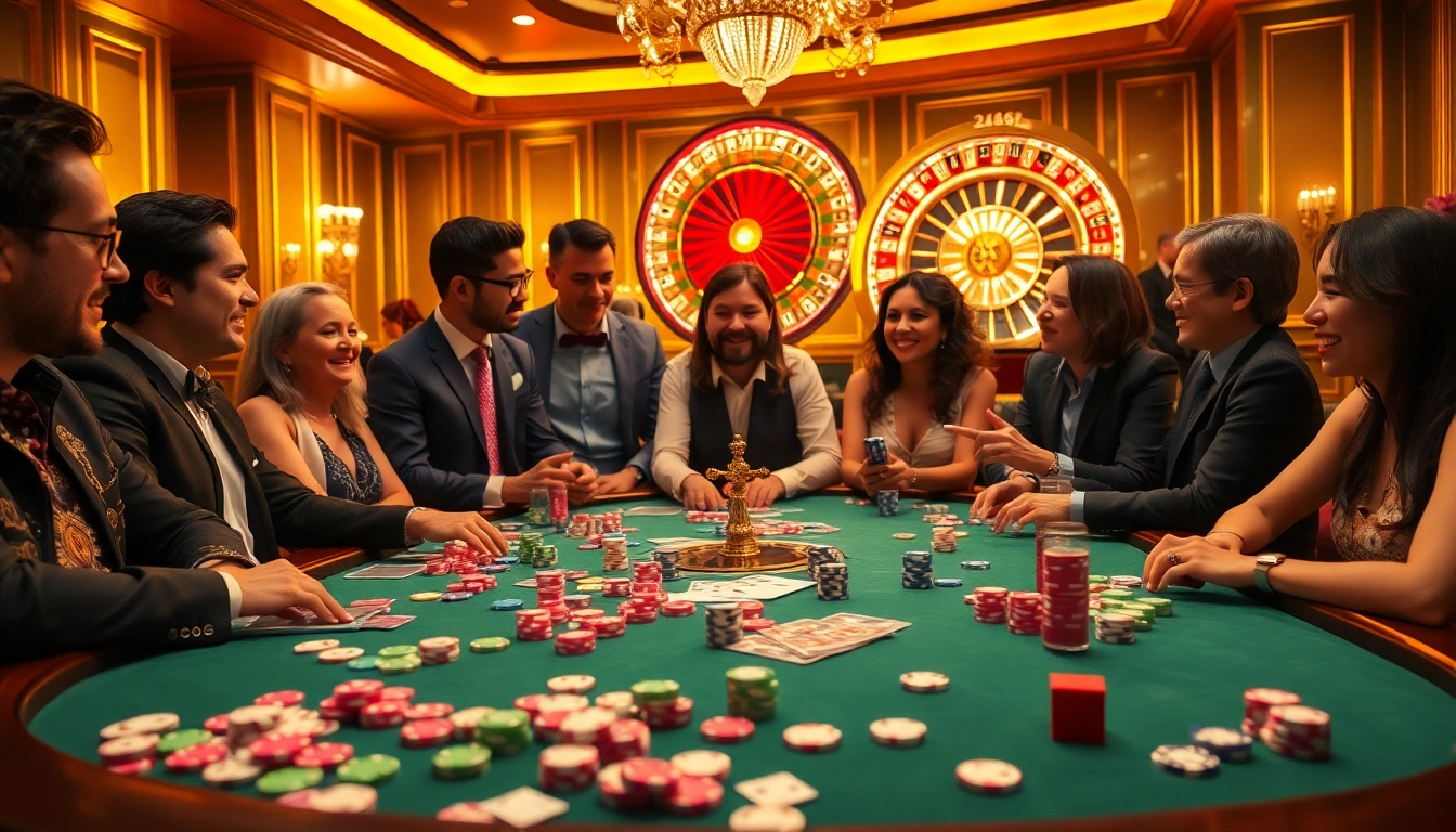 F168 players engaging at a vibrant casino table with poker chips and a roulette wheel.