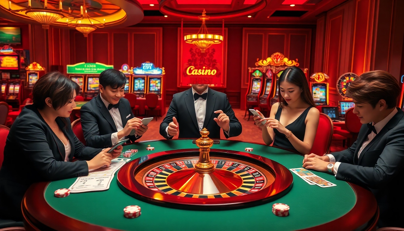 Engaging players experiencing the thrill of xổ số e2bet in a sophisticated casino atmosphere.