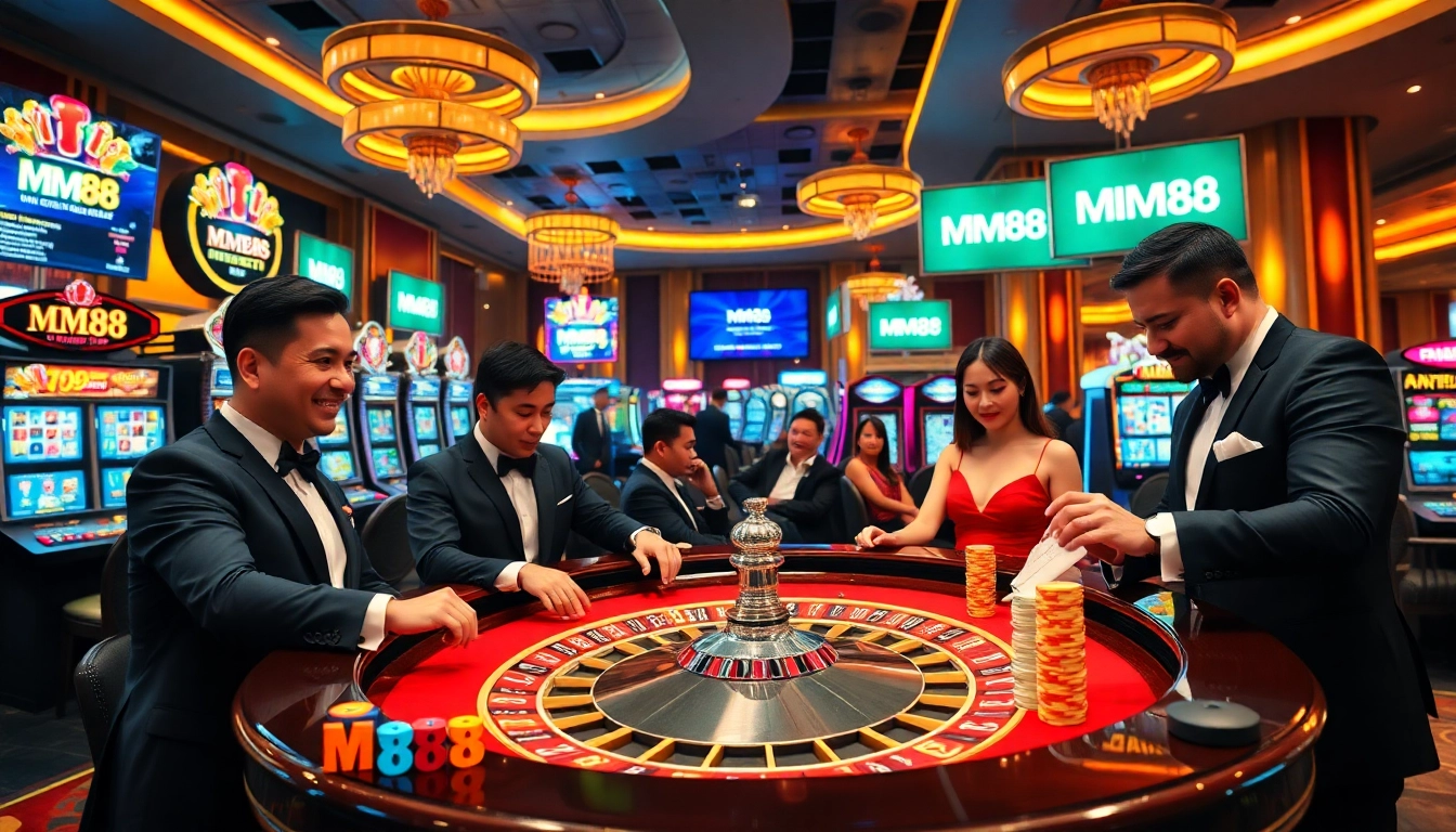 Experience high-stakes gaming at MM88 with vibrant roulette and slot machines.