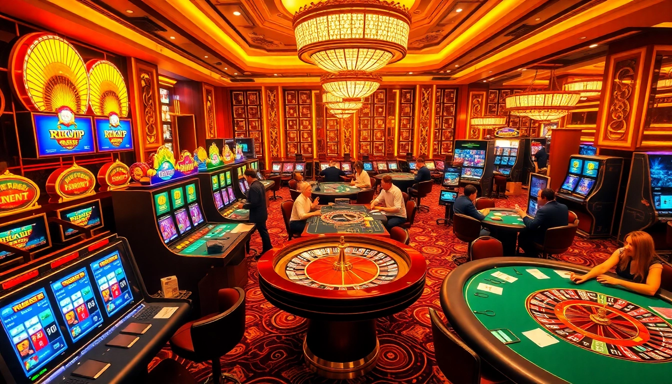 RIKVIP casino scene with vibrant slot machines and excited players at poker tables.