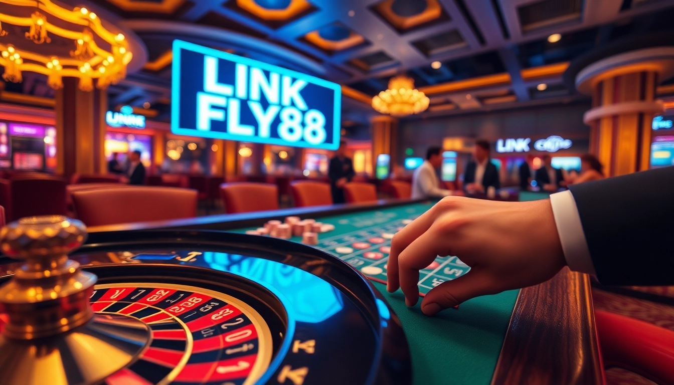 Experience the excitement of Link FLY88 with vibrant casino elements and high-stakes gambling atmosphere.