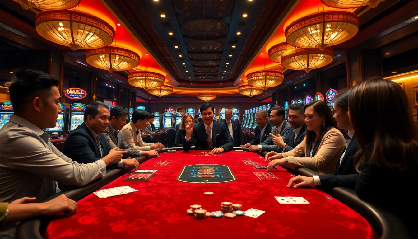 Excited players at rikvip nhà cái gaming table, showcasing poker chips and cards in a luxurious casino setting.