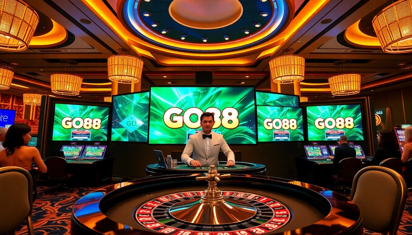 Exciting scene of gamblers enjoying GO88 at a luxurious casino table, featuring vibrant colors and professional dealers.