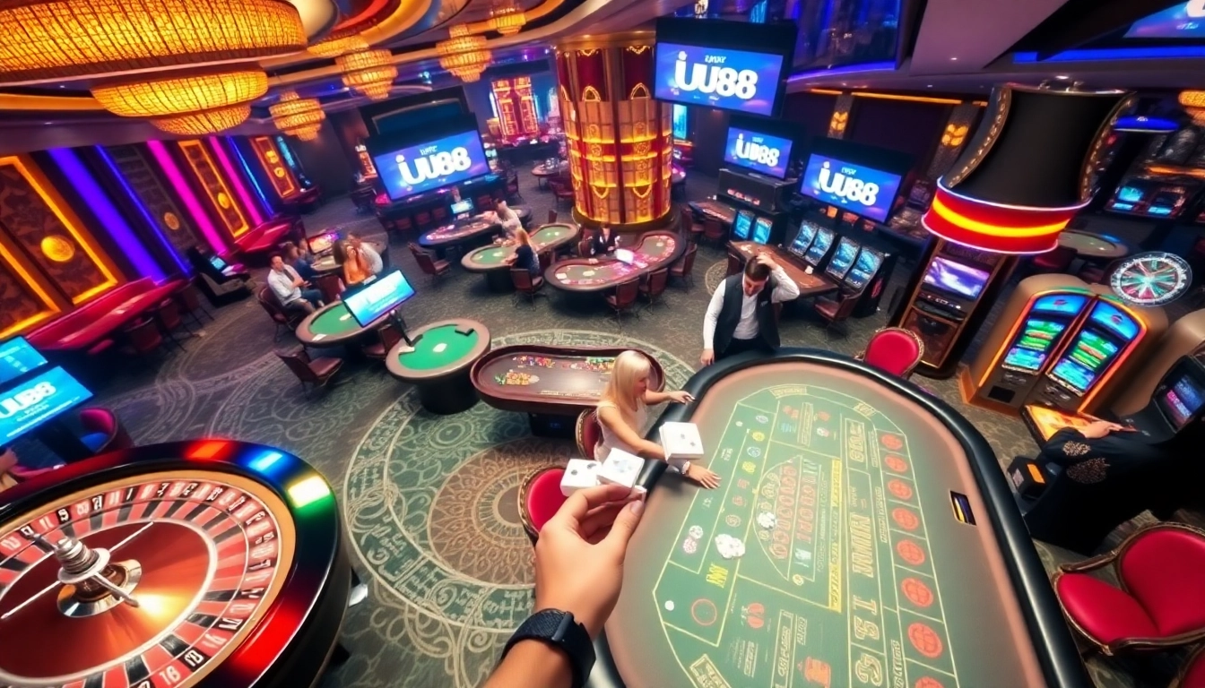 Exciting casino atmosphere with UU88 branding showcasing lively gambling activities.