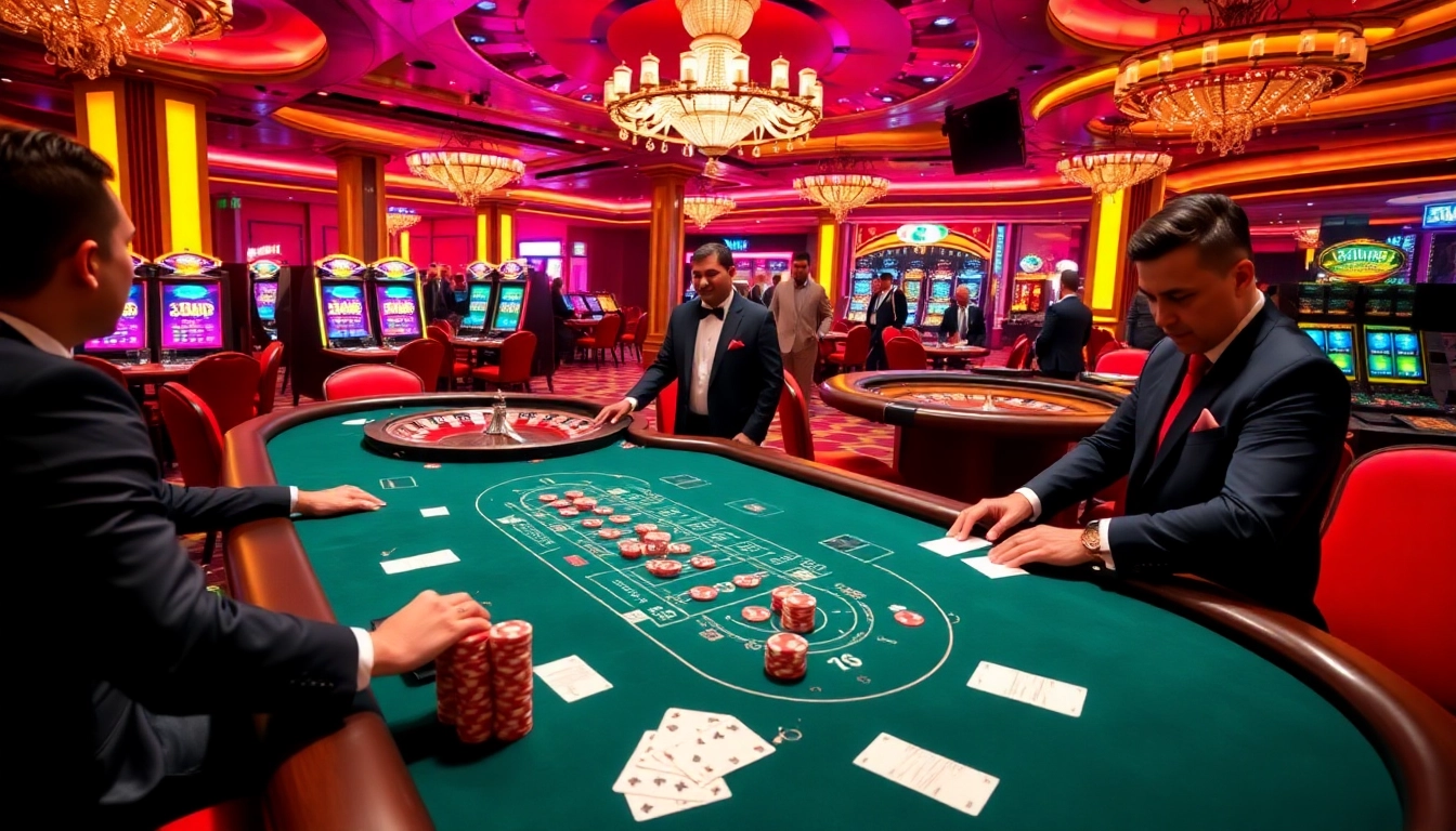 Experience the thrilling ambiance of the MK8 casino, featuring energetic players at poker and roulette tables.