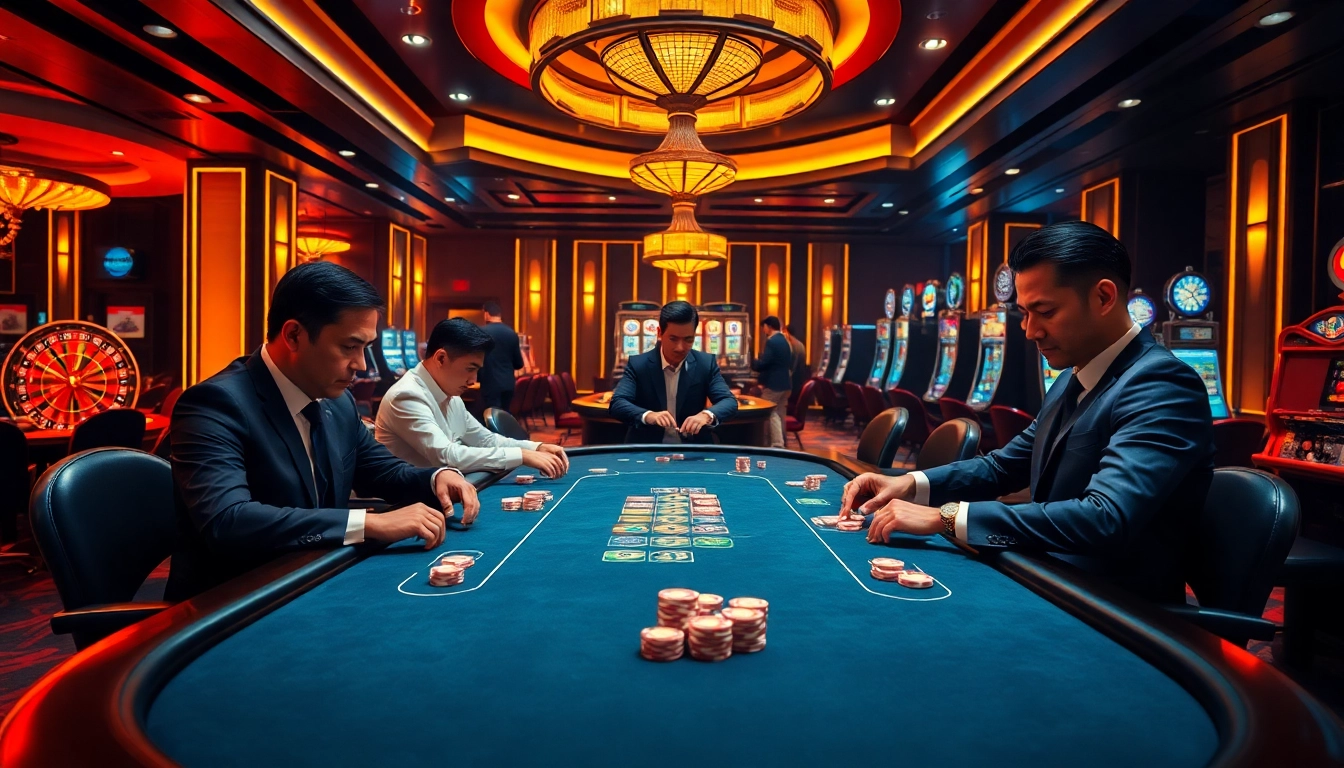 Engaging scene featuring game bài đổi thưởng players at a luxury casino table, showcasing excitement and strategy.
