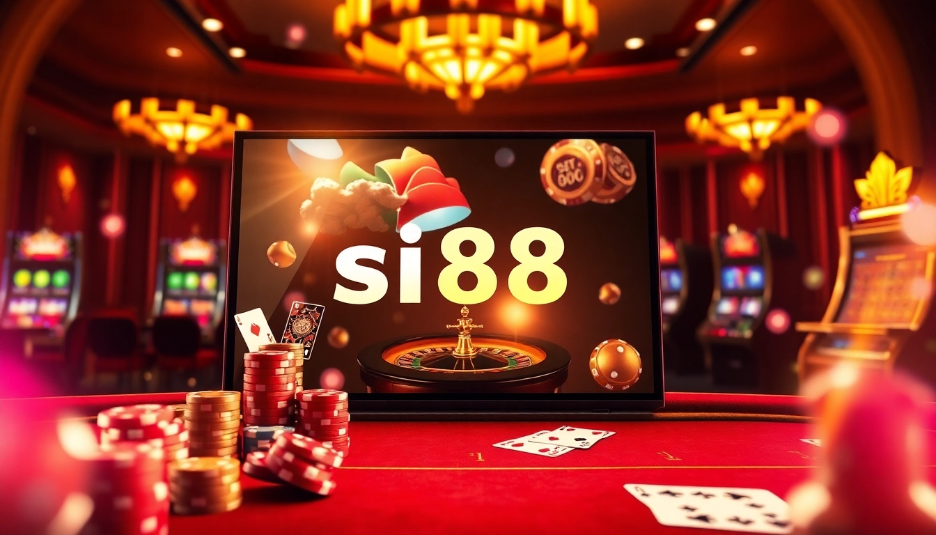 Siu88 casino interface showcasing vibrant poker chips and roulette, enhancing online gambling experience.