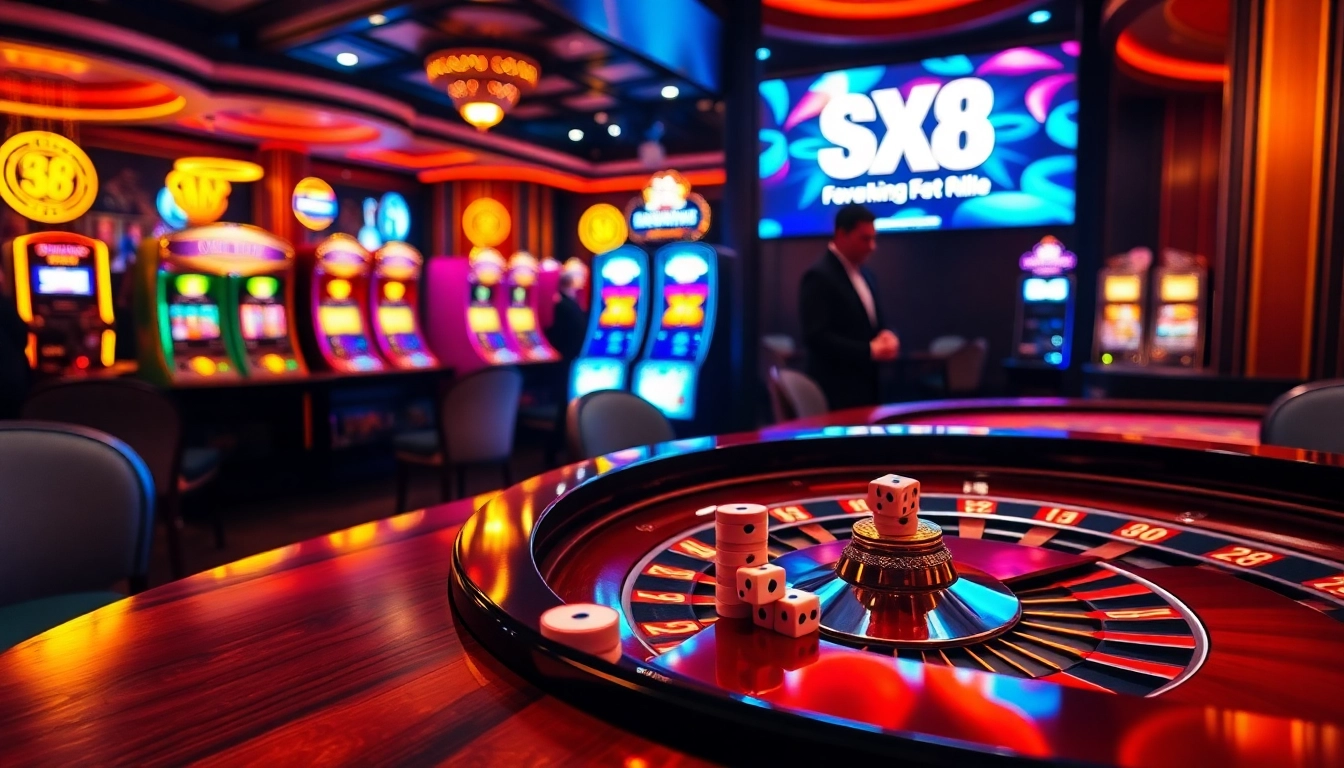 High-stakes gambling scene at sx88 casino featuring poker tables, roulette, and vibrant lights.