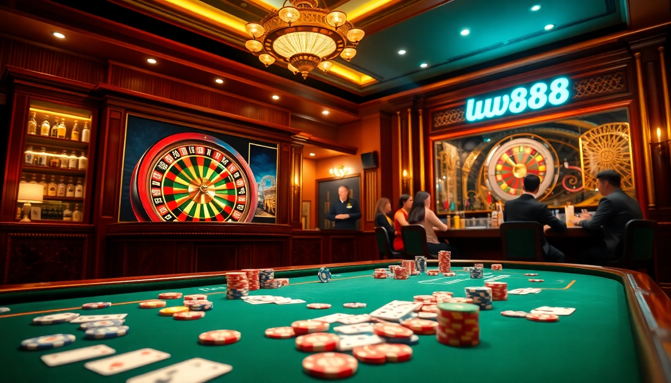 Experience high-stakes gaming at ww88 with poker chips and a spinning roulette wheel in a luxurious casino.