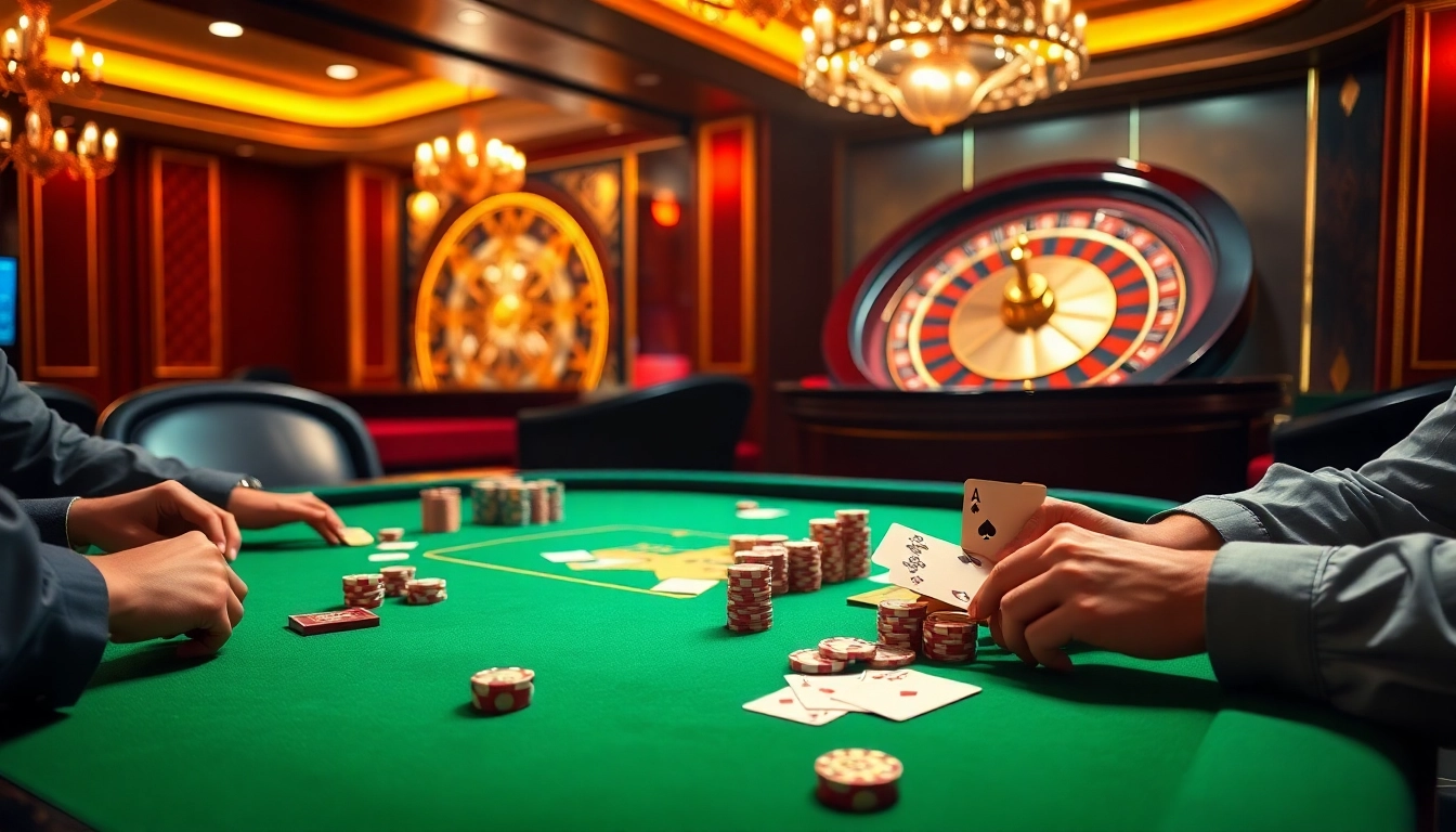 Engaging scene at an LV88 casino table with poker chips, cards, and a roulette wheel.