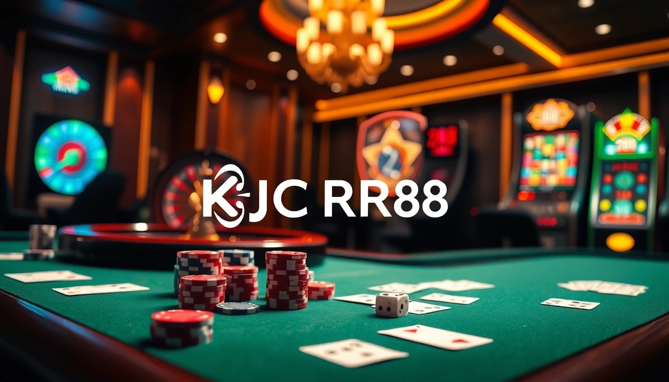 KJC RR88 casino scene with poker chips and roulette wheel exuding luxury and excitement.