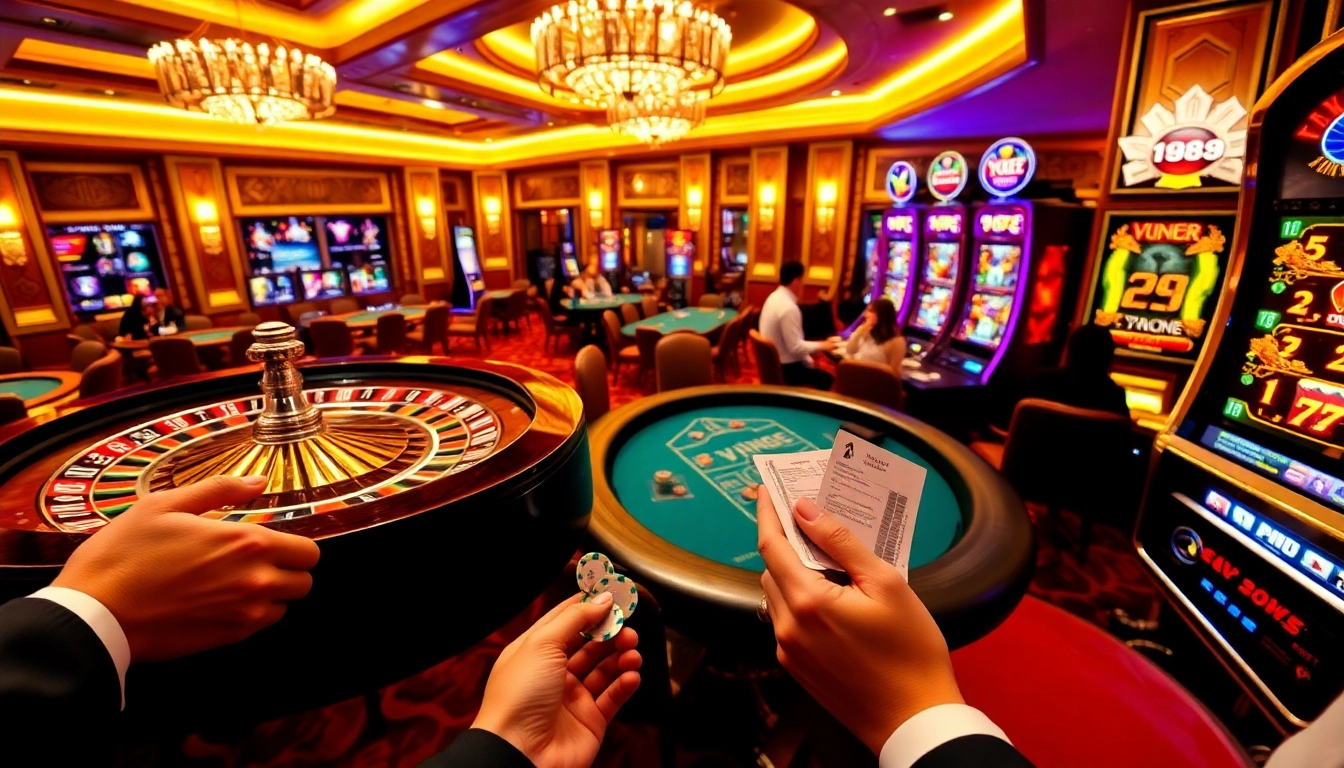 Engage in thrilling gameplay at Vin88 with vibrant casino elements including roulette and poker tables.