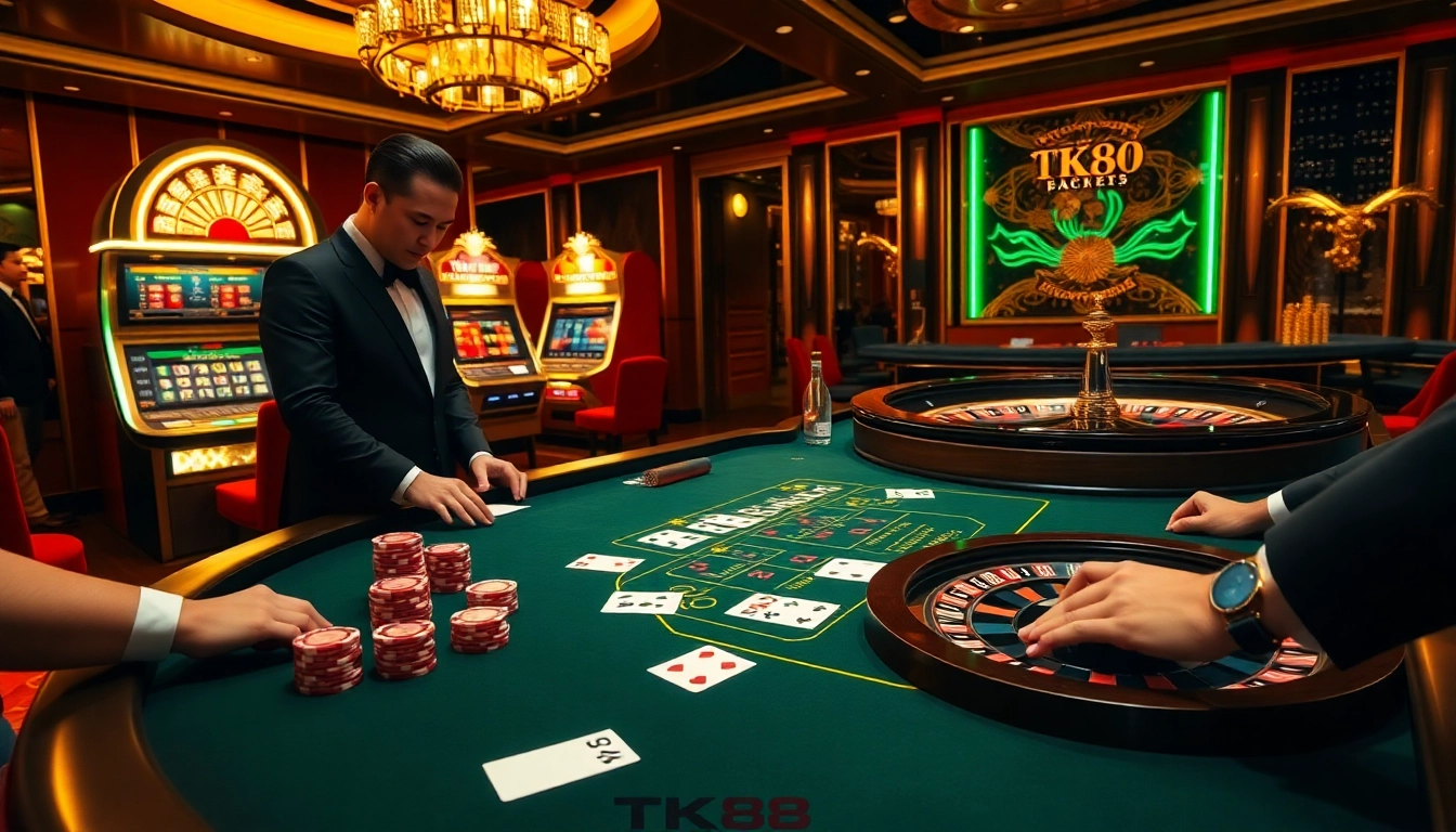TK88 gambling scene with glamorous blackjack tables and vibrant slot machines.