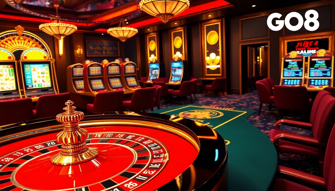 GO8 casino scene featuring a luxurious roulette table and vibrant chips, inviting gamblers to play.