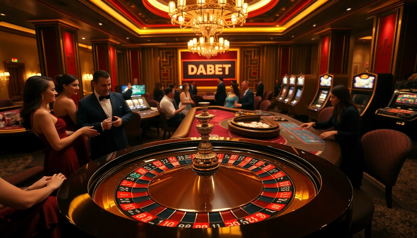 DABET casino scene showcasing thrilling roulette game experiences and vibrant gambler interactions.