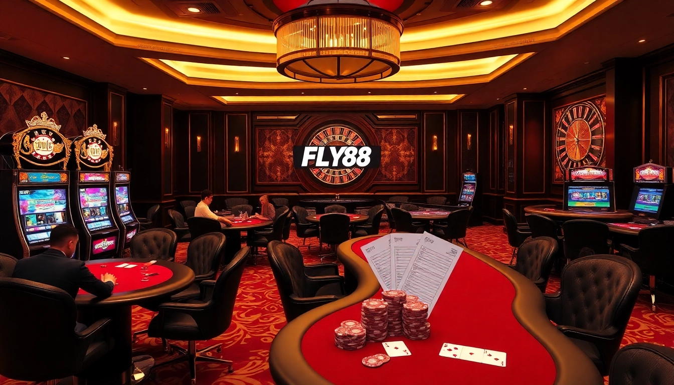 FLY88 players enjoying a luxurious casino experience at tables and slot machines.