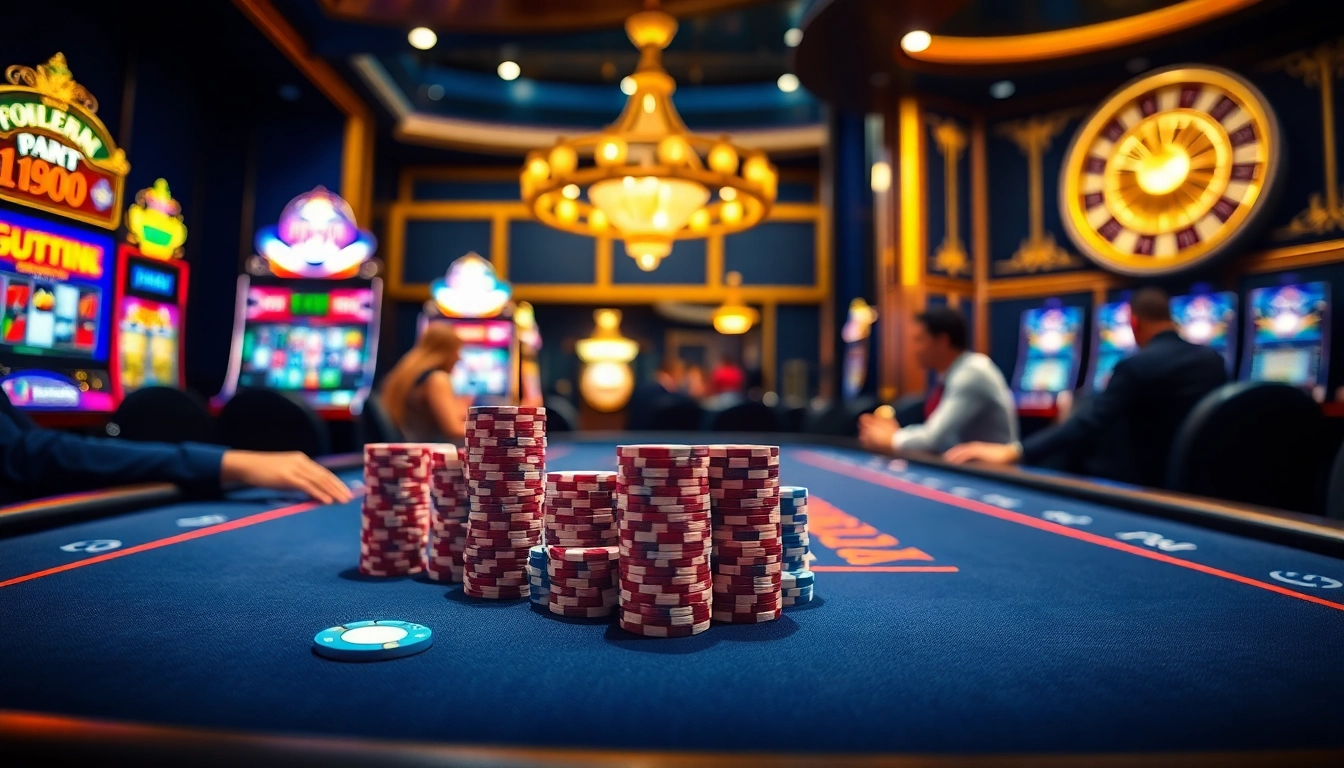 A vibrant casino scene showcasing poker gameplay and slot machines, embodying the excitement of https://big88.sa.com.