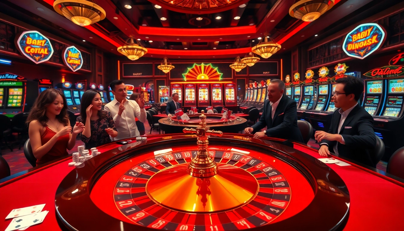 Engaged players at a roulette table in a vibrant casino scene showcasing nhà cái vswin gaming excitement.