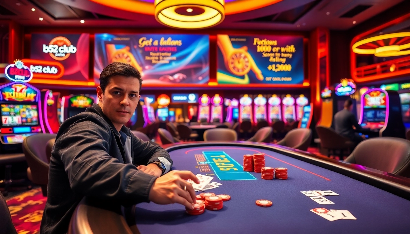 Enjoying a thrilling game at b52club's vibrant poker table with bright casino lights.