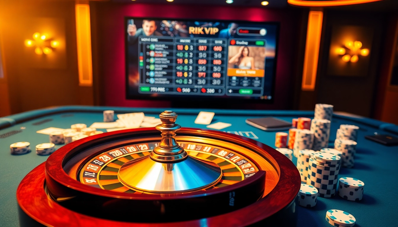 Experience the thrill of rik vip with high-stakes poker chips and a spinning roulette wheel in an upscale casino.