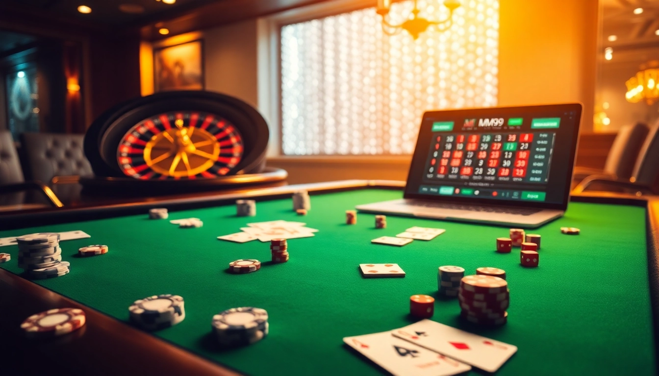 Players engage in a high-stakes poker game at MM99 casino tables with luxurious ambiance.