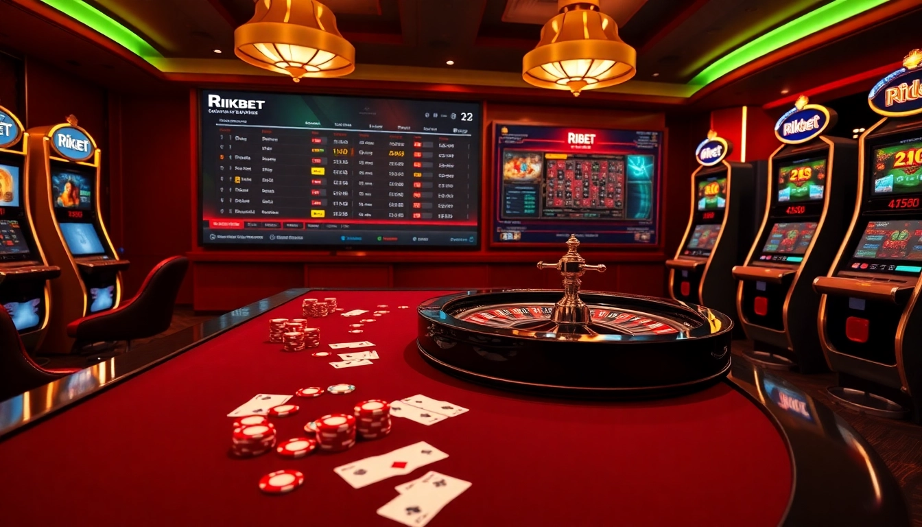 RIKBET gaming table showcasing poker chips and cards in a vibrant casino setting.