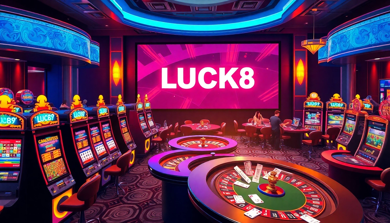 LUCK8 casino scene showcasing vibrant slot machines and excited players celebrating wins.