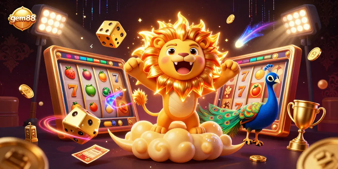 Experience thrilling wins at gem88 with a dazzling 3D casino scene filled with jackpot slots and golden dice.