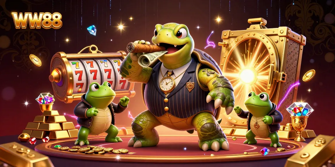 WW88 showcases an exciting casino scene with a turtle and bullfrogs amidst spinning reels and treasure.