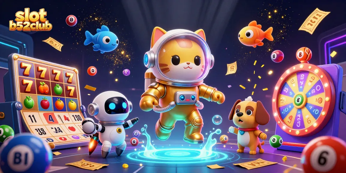 Win big with slot b52club, featuring an astronaut cat and dynamic gaming elements in a vibrant cosmic setting.