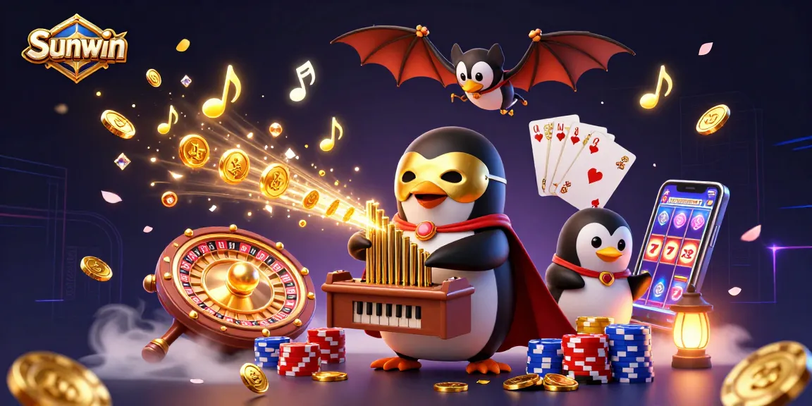 Experience Sunwin gameplay with a vibrant 3D illustration of casino elements and characters.