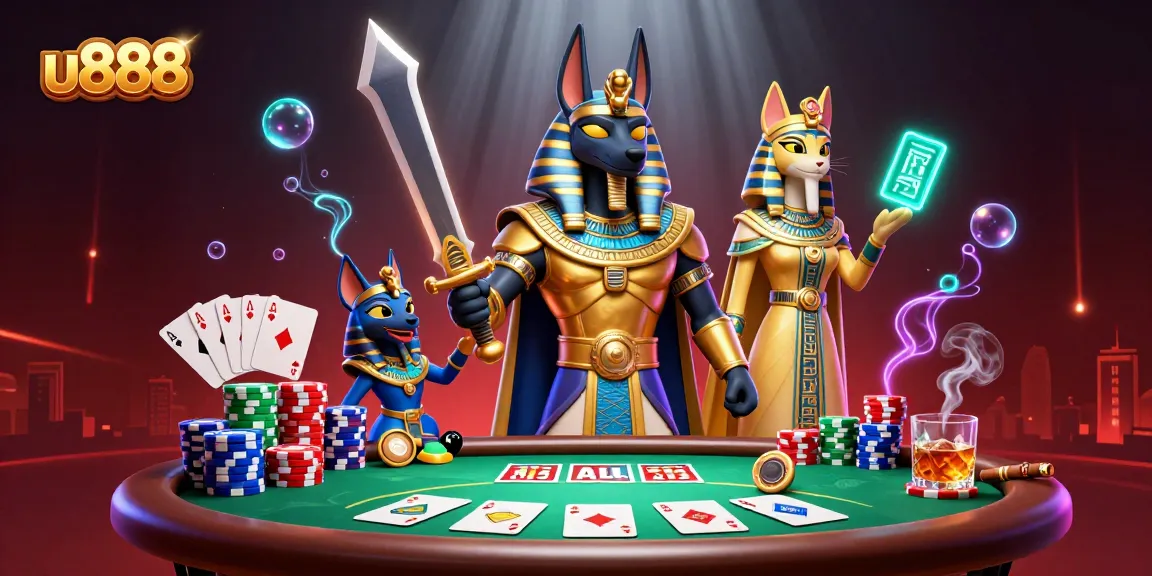 Experience thrilling gameplay with u888, showcasing Egyptian warriors and immersive poker elements.