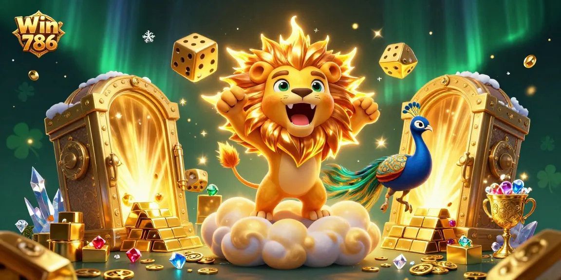 Win 786 players win big with vibrant 3D casino-themed illustration featuring golden treasures.